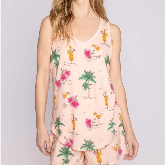 P.J. Salvage Women's Tropical Print Button-Down Pajama Shirt - 55% Cotton, 45% Modal, Three-Quarter Sleeve